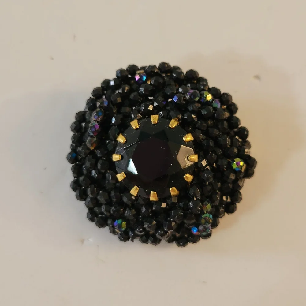 Vintage Beaded Brooch West Germany Black Goldtone R